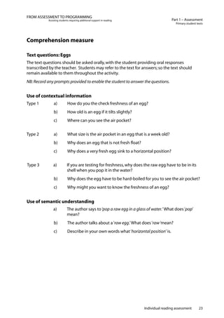 Individual reading assessment 23
Part 1 – Assessment
Primary student texts
FROM ASSESSMENT TO PROGRAMMING
Assisting students requiring additional support in reading
Comprehension measure
Text questions: Eggs
The text questions should be asked orally,with the student providing oral responses
transcribed by the teacher. Students may refer to the text for answers; so the text should
remain available to them throughout the activity.
NB:Record any prompts provided to enable the student to answer the questions.
Use of contextual information
Type 1		 a) 	 How do you the check freshness of an egg? 	
	 	 b) 	 How old is an egg if it tilts slightly?
		 c) 	 Where can you see the air pocket?
Type 2		 a) 	 What size is the air pocket in an egg that is a week old?
		 b)	 Why does an egg that is not fresh float?
		 c)	 Why does a very fresh egg sink to a horizontal position?
Type 3	 a)	 If you are testing for freshness,why does the raw egg have to be in its
shell when you pop it in the water?
		 b) 	 Why does the egg have to be hard-boiled for you to see the air pocket?
		 c) 	 Why might you want to know the freshness of an egg?
Use of semantic understanding
	 a) 	 The author says to‘pop a raw egg in a glass of water.’ What does‘pop’
mean?
		 b) 	 The author talks about a‘raw egg.’What does‘raw‘mean?
		 c) 	 Describe in your own words what‘horizontal position’ is.
 
