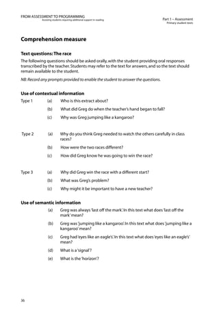 36
Part 1 – Assessment
Primary student texts
FROM ASSESSMENT TO PROGRAMMING
Assisting students requiring additional support in reading
Comprehension measure
Text questions:The race
The following questions should be asked orally,with the student providing oral responses
transcribed by the teacher.Students may refer to the text for answers,and so the text should
remain available to the student.
NB:Record any prompts provided to enable the student to answer the questions.
Use of contextual information
Type 1		 (a)	 Who is this extract about?
	 	 (b)	 What did Greg do when the teacher’s hand began to fall?
		 (c) 	 Why was Greg jumping like a kangaroo?
Type 2	 (a)	 Why do you think Greg needed to watch the others carefully in class
races?
	 	 (b)	 How were the two races different?
		 (c) 	 How did Greg know he was going to win the race?
Type 3		 (a)	 Why did Greg win the race with a different start?
	 	 (b)	 What was Greg’s problem?
		 (c) 	 Why might it be important to have a new teacher?
Use of semantic information
		(a)	 Greg was always‘last off the mark’.In this text what does‘last off the
mark’mean?
	 	(b)	 Greg was‘jumping like a kangaroo’.In this text what does‘jumping like a
kangaroo’mean?
		(c) 	 Greg had‘eyes like an eagle’s’.In this text what does‘eyes like an eagle’s’
mean?
		(d) 	 What is a‘signal’?
		(e) 	 What is the‘horizon’?
 