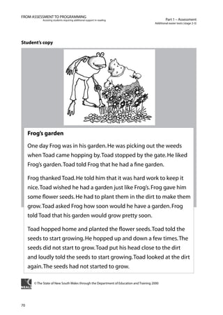 70
Part 1 – Assessment
Additional easier texts (stage 2-3)
FROM ASSESSMENT TO PROGRAMMING
Assisting students requiring additional support in reading
Student’s copy
Frog’s garden
One day Frog was in his garden.He was picking out the weeds
when Toad came hopping by.Toad stopped by the gate.He liked
Frog’s garden.Toad told Frog that he had a fine garden.
Frog thanked Toad.He told him that it was hard work to keep it
nice.Toad wished he had a garden just like Frog’s.Frog gave him
some flower seeds.He had to plant them in the dirt to make them
grow.Toad asked Frog how soon would he have a garden.Frog
told Toad that his garden would grow pretty soon.
Toad hopped home and planted the flower seeds.Toad told the
seeds to start growing.He hopped up and down a few times.The
seeds did not start to grow.Toad put his head close to the dirt
and loudly told the seeds to start growing.Toad looked at the dirt
again.The seeds had not started to grow.
© The State of New South Wales through the Department of Education and Training 2000
 
