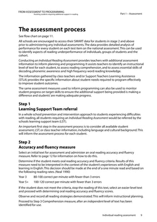 Individual reading assessment 9
Part 1 – Assessment
FROM ASSESSMENT TO PROGRAMMING
Assisting students requiring additional support in reading
The assessment process
See flow chart on page 11.
All schools are encouraged to access their SMART data for students in stage 2 and above
prior to administering any individual assessments.The data provides detailed analysis of
performance for every student on each test item on the national assessment.This can be used
to identify aspects of reading underperformance of individuals,groups of students and the
cohort.
Conducting an Individual Reading Assessment provides teachers with additional assessment
information to inform planning and programming.It assists teachers to identify an instructional
level of text for each student,to assess reading comprehension,and to assess essential skills of
decoding,phonemic awareness and high frequency word reading knowledge.
The information gathered by class teachers and/or Support Teachers Learning Assistance
(STLA) provides the specific information about student needs required to program effectively
to improve student outcomes.
The same assessment measures used to inform programming can also be used to monitor
student progress on target skills to ensure the additional support being provided is making a
difference and students’are making adequate progress.
Step 1
Learning Support Team referral
In a whole school prevention and intervention approach to students experiencing difficulties
with reading,all students requiring an Individual Reading Assessment would be referred by the
schools learning support team (LST).
An important first step in the assessment process is to consider all available student
assessment,LST,or class teacher information,including language and cultural background.This
will inform the assessment process for each student.
Step 2
Accuracy and fluency measure
Select an initial text for assessment and administer an oral reading accuracy and fluency
measure.Refer to page 12 for information on how to do this.
Determine if the student meets oral reading accuracy and fluency criteria.Results of this
measure need to be interpreted in the context of the student’s experiences with English and
learning in English.This decision should be made at the end of a one minute read and based on
the following reading rates.(Neal 1990)
Year 3	 80-100 correct per minute with fewer than 3 errors
Year 5+	 100-120 correct per minute with fewer than 3 errors
If the student does not meet the criteria,stop the reading of this text,select an easier level text
and proceed with determining oral reading accuracy and fluency scores.
Observe and record all reading strategies demonstrated.This will inform instructional planning.
Proceed to Step 3 Comprehension measure,after an independent level of text has been
identified for use.
 