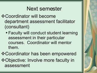 Next semester  Coordinator will become department assessment facilitator (consultant) Faculty will conduct student learning assessment in their particular courses.  Coordinator will mentor them. Coordinator has been empowered Objective: Involve more faculty in assessment 