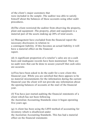 of the client’s major customers that
were included in the sample .The auditor was able to satisfy
himself about the balances of these accounts using other audit
procedures.
(b)The client restricted the auditor from observing the property,
plant and equipment .The property, plant and equipment is a
material part of the assets making up 20% of total assets.
(c) Management have excluded from the financial report the
necessary disclosures in relation to
a contingent liability .If this becomes an actual liability it will
have a material effect on the financial
report.
(d) A significant proportion of a retailer’s sales are on a cash
basis and inadequate records have been maintained. There are
no audit tests that can be done to assure yourself that cash sales
are accurate.
(e)You have been asked to do the audit for a new client this
financial year .While you are satisfied that there appears to be
no material misstatements for the information during the current
financial year the client will not provide any information about
the opening balances of accounts at the start of the financial
year.
(f) You have just started auditing the financial statements of a
client which has not been following
the Australian Accounting Standards since it began operating
five years ago.
(g) A client has been using the LIFO method of accounting for
inventory which is disallowed under
the Australian Accounting Standards. This has had a material
effect on the financial statements
 