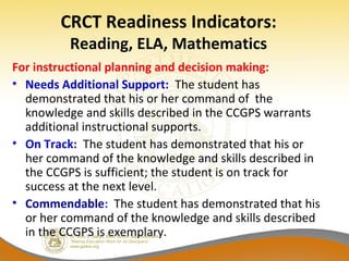 CRCT Readiness Indicators:
Reading, ELA, Mathematics
For instructional planning and decision making:
• Needs Additional Support: The student has
demonstrated that his or her command of the
knowledge and skills described in the CCGPS warrants
additional instructional supports.
• On Track: The student has demonstrated that his or
her command of the knowledge and skills described in
the CCGPS is sufficient; the student is on track for
success at the next level.
• Commendable: The student has demonstrated that his
or her command of the knowledge and skills described
in the CCGPS is exemplary.
 