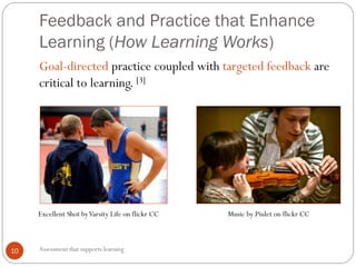 Feedback and Practice that Enhance
Learning (How Learning Works)
10
Goal-directed practice coupled with targeted feedback are
critical to learning. [3]
Assessment that supports learning
Music by Piulet on flickr CCExcellent Shot byVarsity Life on flickr CC
 