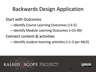 Backwards Design Application
Start with Outcomes
  – Identify Course Learning Outcomes (≈3-5)
  – Identify Module Learning Outcomes (≈15-40)
Connect content & activities
  – Identify student learning activities (≈1-3 per MLO)




                                          11
 