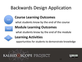 Backwards Design Application
       Course Learning Outcomes
CLO
        what students know by the end of the course

MLO
       Module Learning Outcomes
        what students know by the end of the module
LA     Learning Activities
        opportunities for students to demonstrate knowledge




                                             12
 