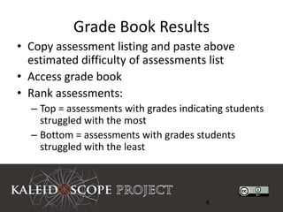 Grade Book Results
• Copy assessment listing and paste above
  estimated difficulty of assessments list
• Access grade book
• Rank assessments:
  – Top = assessments with grades indicating students
    struggled with the most
  – Bottom = assessments with grades students
    struggled with the least



                                        4
 