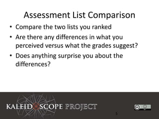Assessment List Comparison
• Compare the two lists you ranked
• Are there any differences in what you
  perceived versus what the grades suggest?
• Does anything surprise you about the
  differences?




                                   5
 