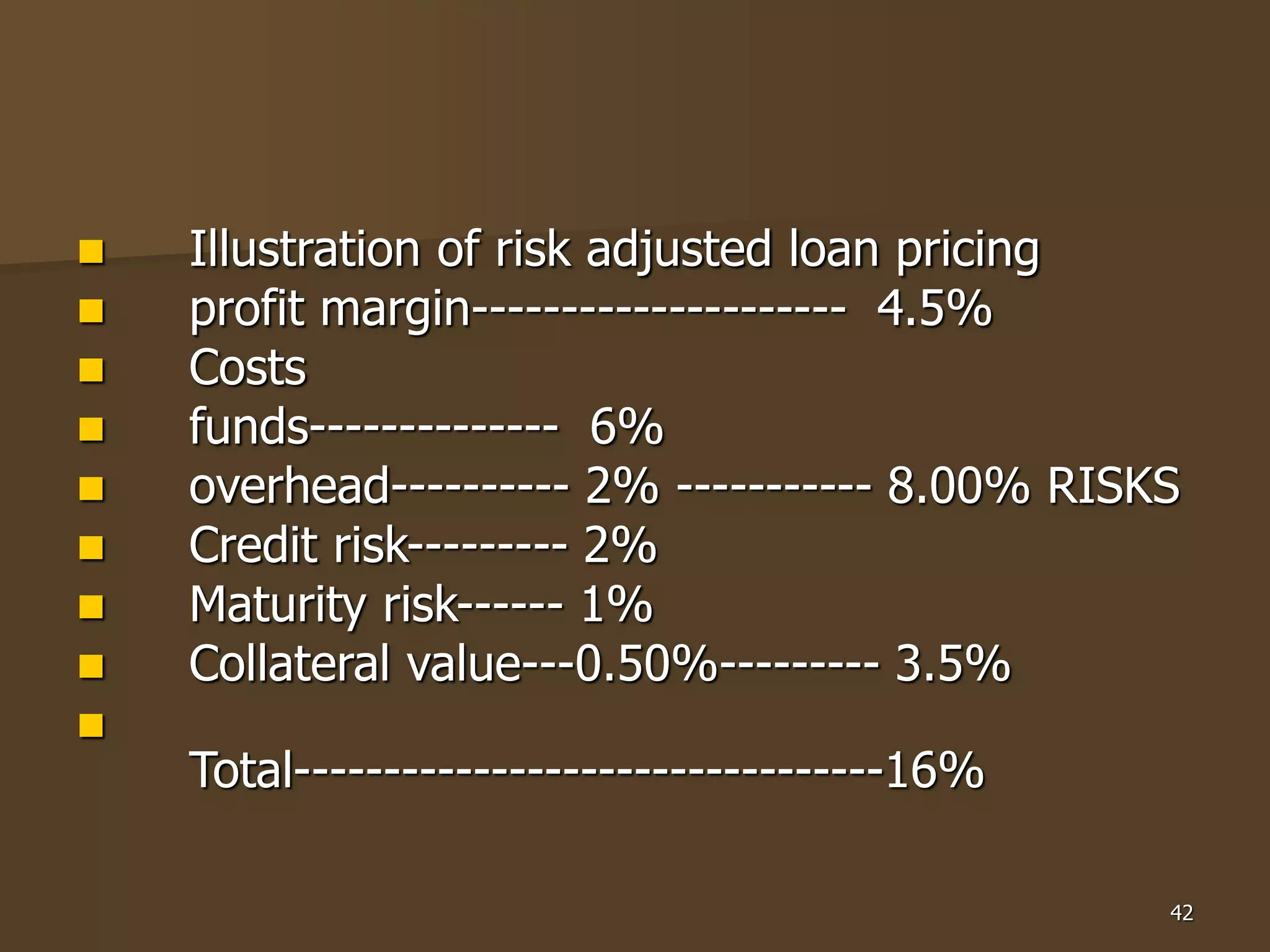 42
 Illustration of risk adjusted loan pricing
 profit margin--------------------- 4.5%
 Costs
 funds-------------- 6%
 overhead---------- 2% ----------- 8.00% RISKS
 Credit risk--------- 2%
 Maturity risk------ 1%
 Collateral value---0.50%--------- 3.5%

Total---------------------------------16%
 