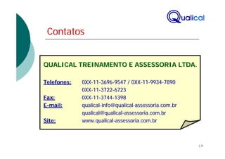 Contatos


QUALICAL TREINAMENTO E ASSESSORIA LTDA.

Telefones:   0XX-11-3696-9547 / 0XX-11-9934-7890
             0XX-11-3722-6723
Fax:         0XX-11-3744-1398
E-mail:      qualical-info@qualical-assessoria.com.br
             qualical@qualical-assessoria.com.br
Site:        www.qualical-assessoria.com.br



                                                        19
 