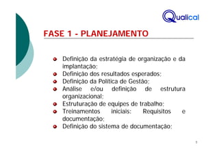 FASE 1 - PLANEJAMENTO

   Definição da estratégia de organização e da
   implantação;
   Definição dos resultados esperados;
   Definição da Política de Gestão;
   Análise e/ou definição de estrutura
   organizacional;
   Estruturação de equipes de trabalho;
   Treinamentos       iniciais:  Requisitos  e
   documentação;
   Definição do sistema de documentação;

                                                 5
 