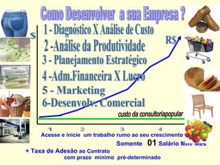Como Desenvolver  a sua Empresa ? Acesse e inicie  um trabalho rumo ao seu crescimento .  Somente  01  Salário Mín/ Mês + Taxa de Adesão  ao Contrato com prazo  mínimo  pré-determinado 1 - Diagnóstico X Análise de Custo 3 - Planejamento Estratégico 2 -Análise da Produtividade 6-Desenvolv. Comercial 5 - Marketing 4 -Adm.Financeira X Lucro 1 2 3 4 $ custo da consultoriapopular R$ 