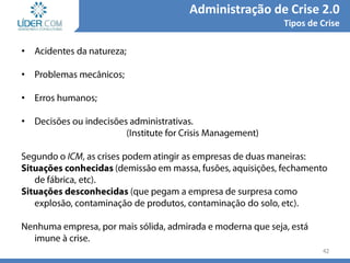 •
•
•
•
42
Administração de Crise 2.0
Tipos de Crise
 