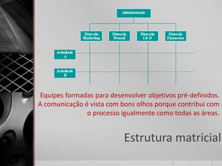 Equipes formadas para desenvolver objetivos pré-definidos.
A comunicação é vista com bons olhos porque contribui com
               o processo igualmente como todas as áreas.


                           Estrutura matricial
 