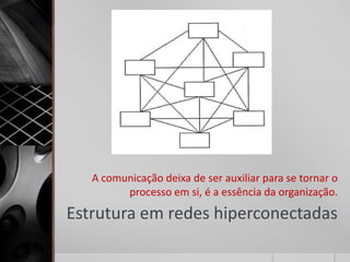 A comunicação deixa de ser auxiliar para se tornar o
         processo em si, é a essência da organização.
Estrutura em redes hiperconectadas
 