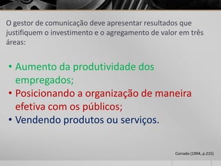 O gestor de comunicação deve apresentar resultados que
justifiquem o investimento e o agregamento de valor em três
áreas:


• Aumento da produtividade dos
  empregados;
• Posicionando a organização de maneira
  efetiva com os públicos;
• Vendendo produtos ou serviços.

                                                  Corrado (1994, p.215)
 