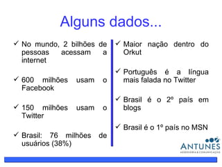 Alguns dados... No mundo, 2 bilhões de pessoas acessam a internet 600 milhões usam o Facebook 150 milhões usam o Twitter Brasil: 76 milhões de usuários (38%) Maior nação dentro do Orkut Português é a língua mais falada no Twitter Brasil é o 2º país em blogs Brasil é o 1º país no MSN 
