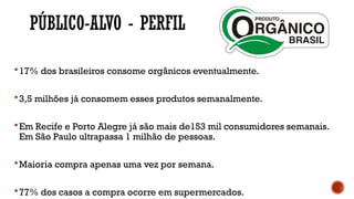 PÚBLICO-ALVO - PERFIL
 17% dos brasileiros consome orgânicos eventualmente.
 3,5 milhões já consomem esses produtos semanalmente.
 Em Recife e Porto Alegre já são mais de153 mil consumidores semanais.
Em São Paulo ultrapassa 1 milhão de pessoas.
 Maioria compra apenas uma vez por semana.
 77% dos casos a compra ocorre em supermercados.
 