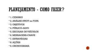 PLANEJAMENTO - COMO FAZER?
 1. CENÁRIO
 2. ANÁLISE SWOT ou FOFA
 3. OBJETIVOS
 4. PÚBLICO-ALVO
 5. ESCOLHA OS VEÍCULOS
 6. MENSAGENS-CHAVE
 7. ESTRATÉGIAS
 8. AÇÕES
 9. CRONOGRAMA
 