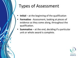 • Initial – at the beginning of the qualification
• Formative - Assessment, looking at pieces of
evidence as they come along, throughout the
qualification.
• Summative – at the end, deciding if a particular
unit or whole award is complete.
Types of Assessment
 