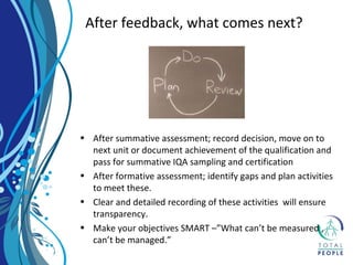 • After summative assessment; record decision, move on to
next unit or document achievement of the qualification and
pass for summative IQA sampling and certification
• After formative assessment; identify gaps and plan activities
to meet these.
• Clear and detailed recording of these activities will ensure
transparency.
• Make your objectives SMART –”What can’t be measured ,
can’t be managed.”
After feedback, what comes next?
 