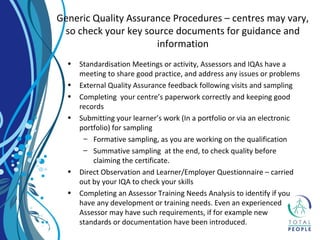 • Standardisation Meetings or activity, Assessors and IQAs have a
meeting to share good practice, and address any issues or problems
• External Quality Assurance feedback following visits and sampling
• Completing your centre’s paperwork correctly and keeping good
records
• Submitting your learner’s work (In a portfolio or via an electronic
portfolio) for sampling
– Formative sampling, as you are working on the qualification
– Summative sampling at the end, to check quality before
claiming the certificate.
• Direct Observation and Learner/Employer Questionnaire – carried
out by your IQA to check your skills
• Completing an Assessor Training Needs Analysis to identify if you
have any development or training needs. Even an experienced
Assessor may have such requirements, if for example new
standards or documentation have been introduced.
Generic Quality Assurance Procedures – centres may vary,
so check your key source documents for guidance and
information
 