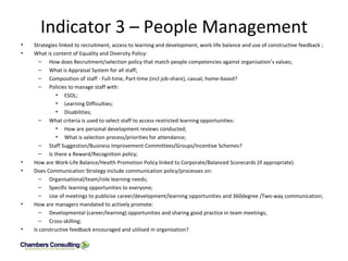 Indicator 3 – People Management Strategies linked to recruitment, access to learning and development, work-life balance and use of constructive feedback ; What is content of Equality and Diversity Policy: How does Recruitment/selection policy that match people competencies against organisation’s values; What is Appraisal System for all staff; Composition of staff - Full-time, Part-time (incl job-share), casual, home-based? Policies to manage staff with: ESOL; Learning Difficulties; Disabilities; What criteria is used to select staff to access restricted learning opportunities: How are personal development reviews conducted; What is selection process/priorities for attendance; Staff Suggestion/Business Improvement Committees/Groups/Incentive Schemes? Is there a Reward/Recognition policy; How are Work-Life Balance/Health Promotion Policy linked to Corporate/Balanced Scorecards (if appropriate). Does Communication Strategy include communication policy/processes on: Organisational/team/role learning needs; Specific learning opportunities to everyone; Use of meetings to publicise career/development/learning opportunities and 360degree /Two-way communication; How are managers mandated to actively promote: Developmental (career/learning) opportunities and sharing good practice in team meetings; Cross-skilling; Is constructive feedback encouraged and utilised in organisation? 