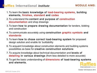 October 12© Draskovic 2012
RAFFLES October 2012
Raffles International Institute MODULE AIMS:
1. To learn the basic knowledge of load-bearing systems, building
elements, finishes, standard and codes
2. To understand the content and purpose of construction
documentation and shop drawings
3. To learn how to prepare drawing documentation for tenders, bidding
and construction
4. To communicate accurately using construction graphic symbols and
standards
5. To learn how to chose correct load-bearing system for proposed
design solution and enable its‘ buildability
6. To acquaint knowledge about construction elements and building systems
possibilities as base for creative construction solutions
7. To acquire knowledge about technical documentation and levels of
detailing in various drawings (from less detailed to more accurate)
8. To get the basic understanding of dimensions of load-bearing systems
and elements.
 
