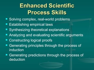 Enhanced Scientific
Process Skills









Solving complex, real-world problems
Establishing empirical laws
Synthesizing theoretical explanations
Analyzing and evaluating scientific arguments
Constructing logical proofs
Generating principles through the process of
induction
Generating predictions through the process of
deduction

 