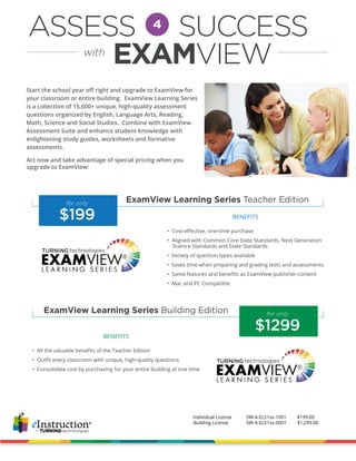 BENEFITS
• Cost-effective, one-time purchase
• Aligned with Common Core State Standards, Next Generation
Science Standards and State Standards
• Variety of question types available
• Saves time when preparing and grading tests and assessments
• Same features and benefits as ExamView publisher content
• Mac and PC Compatible
Start the school year off right and upgrade to ExamView for
your classroom or entire building. ExamView Learning Series
is a collection of 15,600+ unique, high-quality assessment
questions organized by English, Language Arts, Reading,
Math, Science and Social Studies. Combine with ExamView
Assessment Suite and enhance student knowledge with
enlightening study guides, worksheets and formative
assessments.
Act now and take advantage of special pricing when you
upgrade to ExamView:
ASSESS
ExamView Learning Series Teacher Editionfor only
$199
BENEFITS
• All the valuable benefits of the Teacher Edition
• Outfit every classroom with unique, high-quality questions
• Consolidate cost by purchasing for your entire building at one time
ExamView Learning Series Building Edition for only
$1299
4
SUCCESS
with
EXAMVIEW
Individual License SW-A-ELS1xx-1001 $199.00
Building License SW-A-ELS1xx-0001 $1,299.00
 