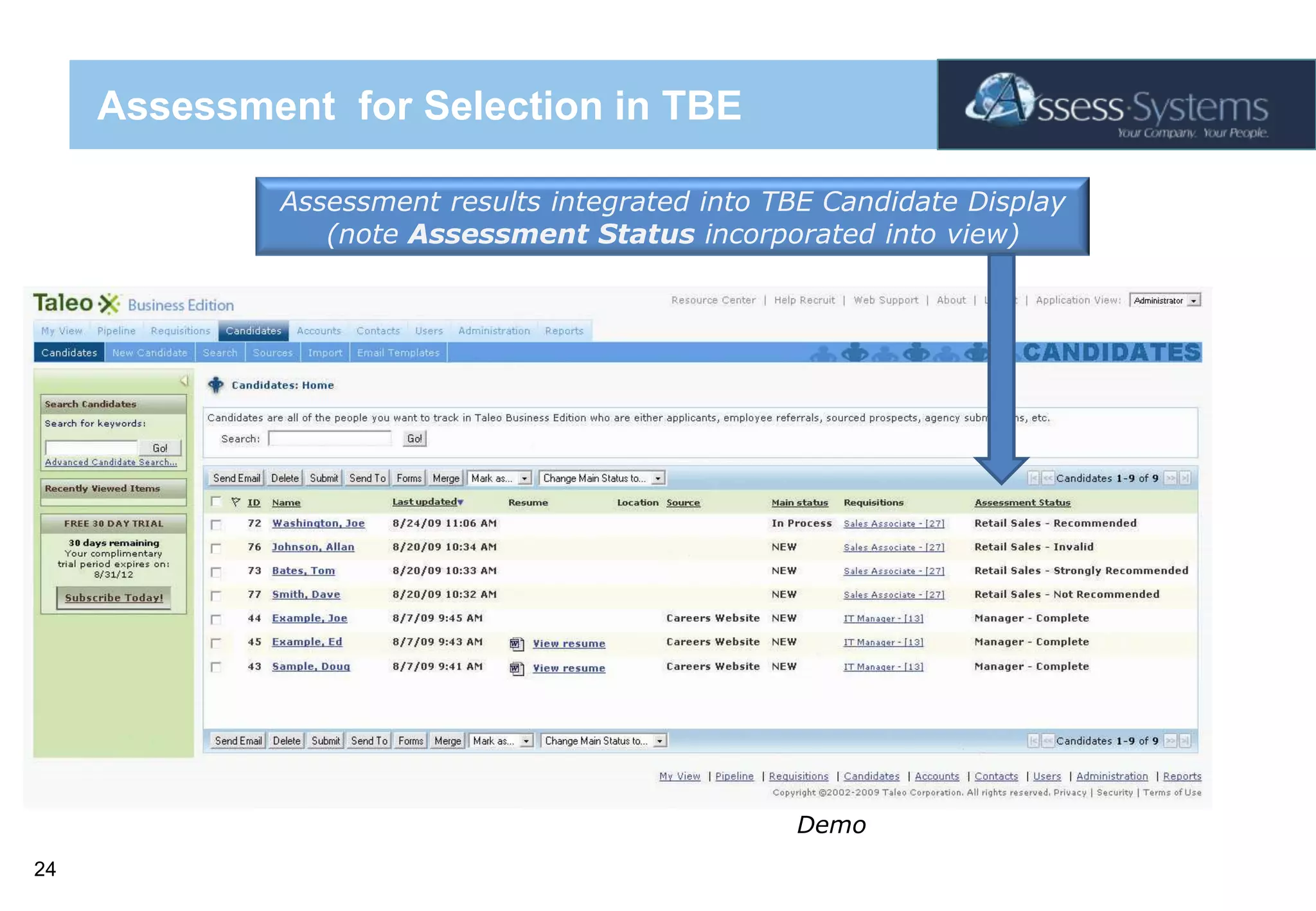 Assessment  for Selection in TBEAssessment results integrated into TBE Candidate Display (note Assessment Status incorporated into view)Demo