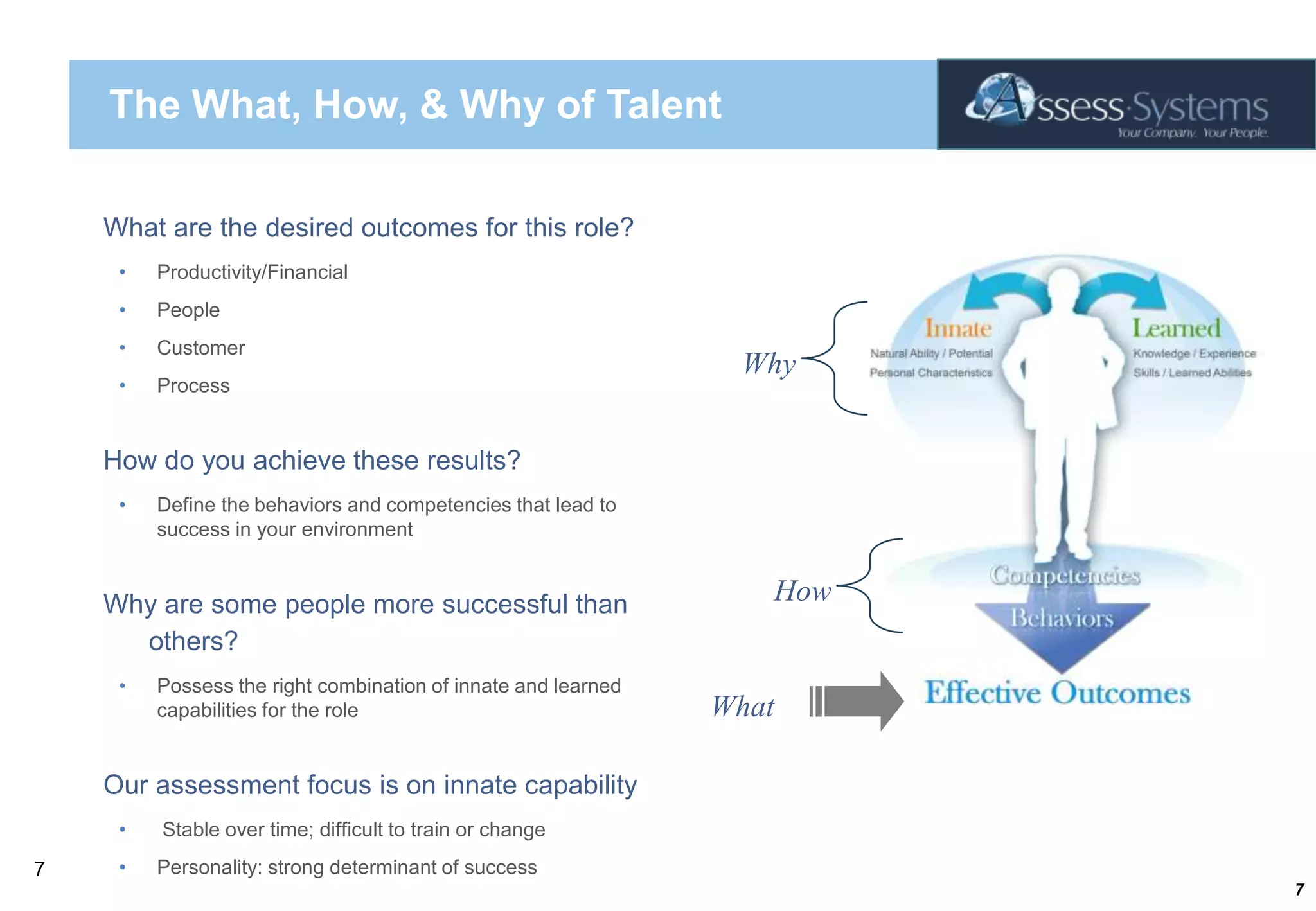 The What, How, & Why of TalentWhat are the desired outcomes for this role?Productivity/FinancialPeopleCustomerProcess How do you achieve these results? Define the behaviors and competencies that lead to success in your environmentWhy are some people more successful than others?Possess the right combination of innate and learned capabilities for the roleOur assessment focus is on innate capability Stable over time; difficult to train or changePersonality: strong determinant of success7WhyHowWhat