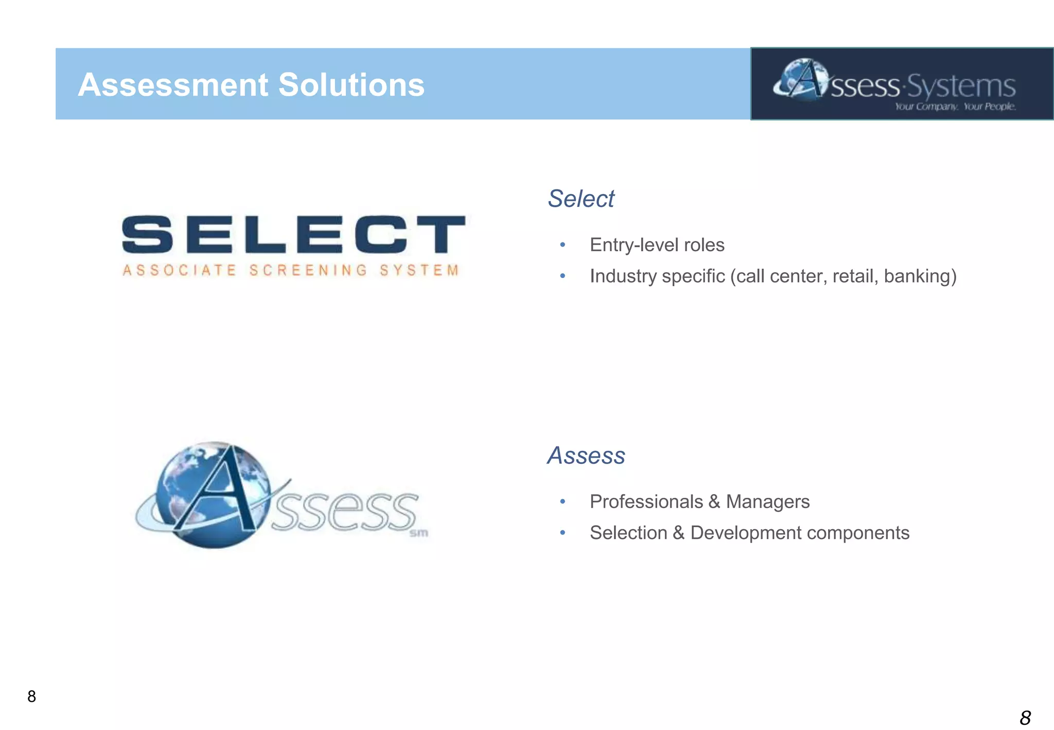 Assessment SolutionsSelectEntry-level rolesIndustry specific (call center, retail, banking)AssessProfessionals & ManagersSelection & Development components8