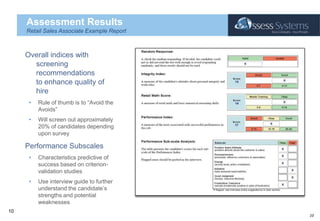 Assessment ResultsRetail Sales Associate Example ReportOverall indices with screening recommendations to enhance quality of hireRule of thumb is to “Avoid the Avoids”Will screen out approximately 20% of candidates depending upon surveyPerformance SubscalesCharacteristics predictive of success based on criterion-validation studiesUse interview guide to further understand the candidate’s strengths and potential weaknesses10