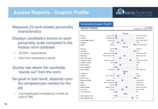 Assess Reports - Graphic ProfilePersonality Graphic ProfileMeasures 23 work-related personality characteristicsDisplays candidate’s scores on each personality scale compared to the Assess norm database50,000+  respondentsEach box represents a decileQuickly see where the candidate “stands out” from the normNo good or bad result, depends upon the competencies needed for the job5 pre-packaged competency models as part of TBE