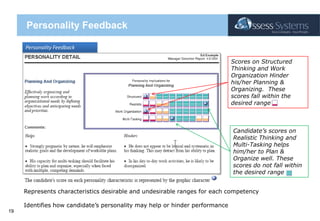 Personality FeedbackPersonality FeedbackScores on Structured Thinking and Work Organization Hinder his/her Planning & Organizing.  These scores fall within the desired rangeCandidate’s scores on Realistic Thinking and Multi-Tasking helps him/her to Plan & Organize well. These scores do not fall within the desired range Represents characteristics desirable and undesirable ranges for each competencyIdentifies how candidate’s personality may help or hinder performance