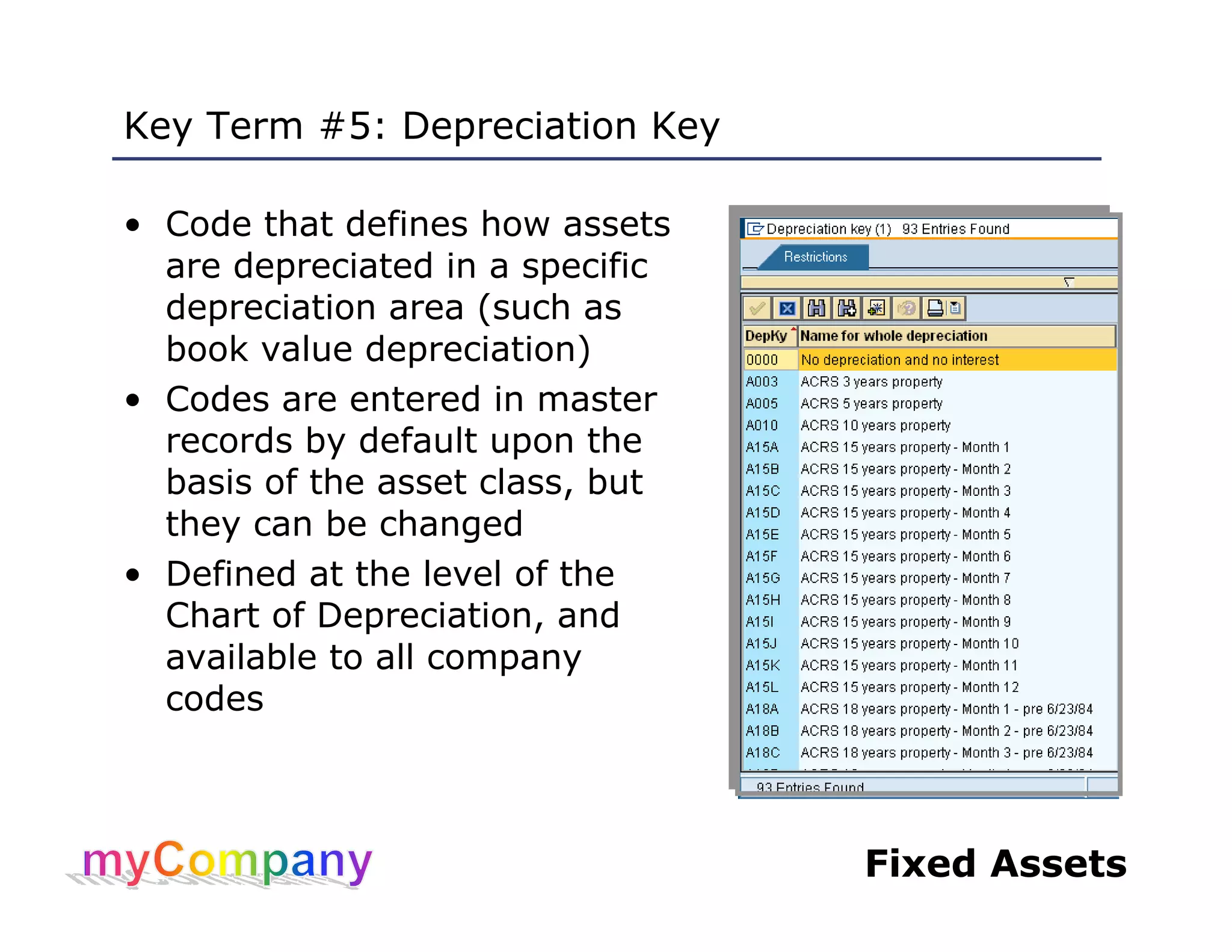 Fixed Assets
Key Term #5: Depreciation Key
• Code that defines how assets
are depreciated in a specific
depreciation area (such as
book value depreciation)
• Codes are entered in master
records by default upon the
basis of the asset class, but
they can be changed
• Defined at the level of the
Chart of Depreciation, and
available to all company
codes
 