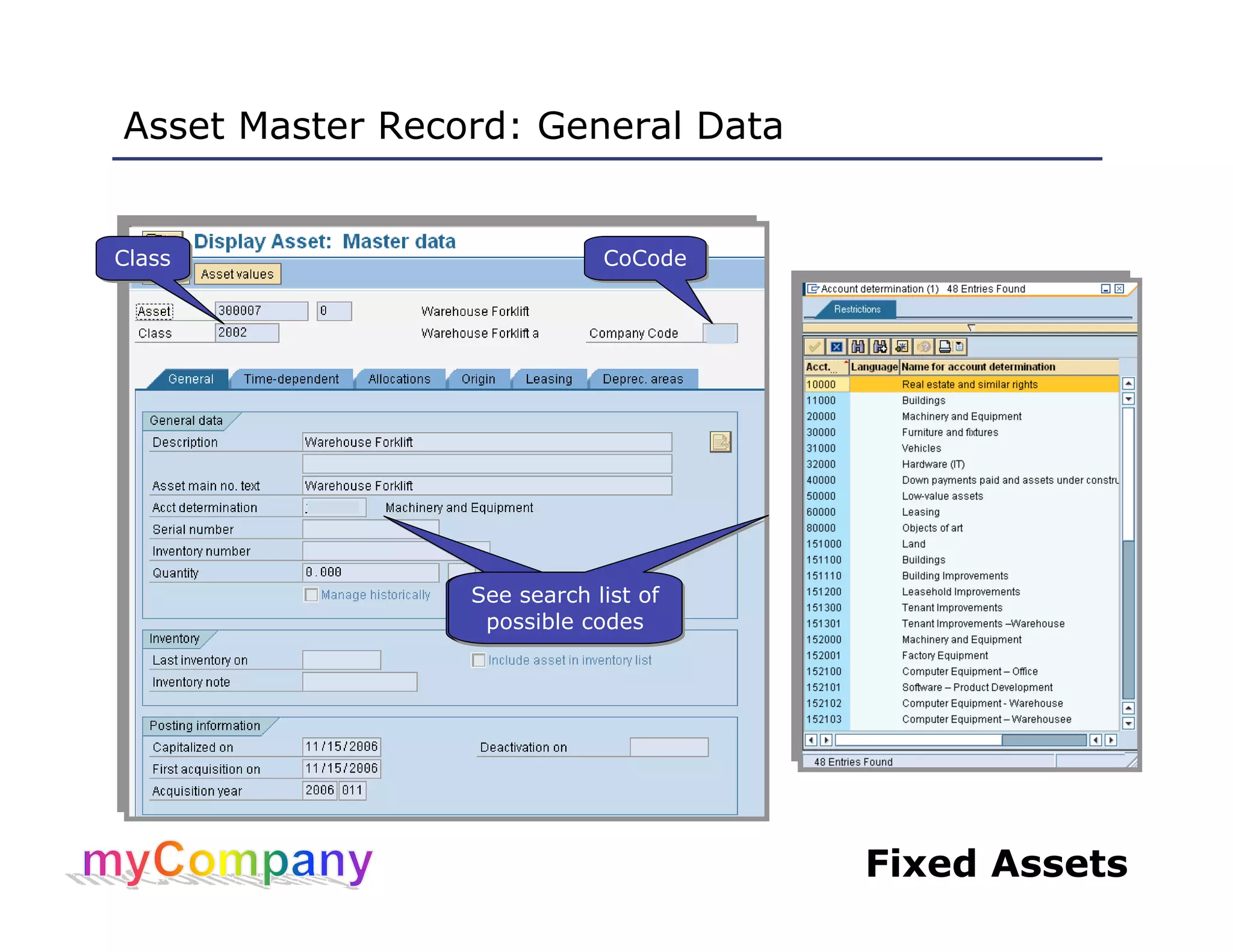 Fixed Assets
Asset Master Record: General Data
ClassClass CoCodeCoCode
See search list of
possible codes
See search list of
possible codes
See search list of
possible codes
See search list of
possible codes
 