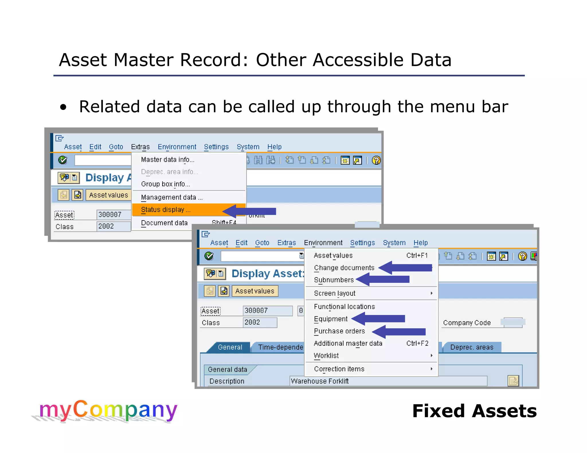 Fixed Assets
Asset Master Record: Other Accessible Data
• Related data can be called up through the menu bar
 