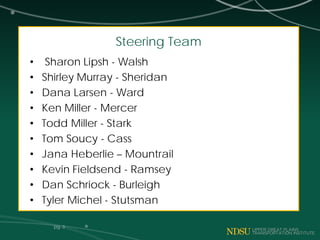 Steering Team
• Sharon Lipsh - Walsh
• Shirley Murray - Sheridan
• Dana Larsen - Ward
• Ken Miller - Mercer
• Todd Miller ...