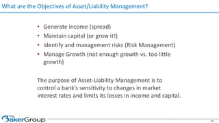 What are the Objectives of Asset/Liability Management?
• Generate income (spread)
• Maintain capital (or grow it!)
• Identify and management risks (Risk Management)
• Manage Growth (not enough growth vs. too little
growth)
The purpose of Asset-Liability Management is to
control a bank’s sensitivity to changes in market
interest rates and limits its losses in income and capital.
36
 