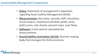 Asset/Liability Management Components
• Policy: Statement of management’s objectives
regarding Asset Liability Management (ALM).
• Measurements: Key ratios, spreads, GAP, simulation,
trend analysis, investment portfolio yields, costs,
yield curves, rate shocks, present value, cash flows
• Software: A tool used to calculated the
measurements
• Asset/Liability Committee (ALCO): Decision making
body that manages the ALM processes.
39
 