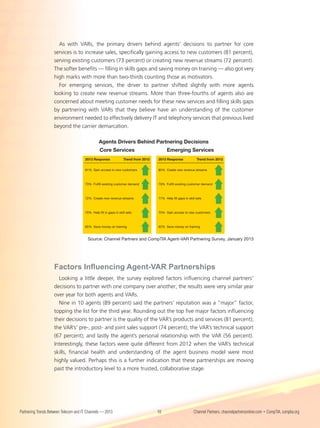As with VARs, the primary drivers behind agents’ decisions to partner for core
                    services is to increase sales, specifically gaining access to new customers (81 percent),
                    serving existing customers (73 percent) or creating new revenue streams (72 percent).
                    The softer benefits — filling in skills gaps and saving money on training — also got very
                    high marks with more than two-thirds counting those as motivators.
                      For emerging services, the driver to partner shifted slightly with more agents
                    looking to create new revenue streams. More than three-fourths of agents also are
                    concerned about meeting customer needs for these new services and filling skills gaps
                    by partnering with VARs that they believe have an understanding of the customer
                    environment needed to effectively delivery IT and telephony services that previous lived
                    beyond the carrier demarcation.

                                                 Agents Drivers Behind Partnering Decisions
                                                 Core Services                             Emerging Services
                                       2013 Response               Trend from 2012   2013 Response              Trend from 2012


                                       81% Gain access to new customers              85% Create new revenue streams



                                       73% Fulﬁll existing customer demand           79% Fulﬁll existing customer demand



                                       72% Create new revenue streams                77% Help ﬁll gaps in skill sets



                                       70% Help ﬁll in gaps in skill sets            75% Gain access to new customers



                                       65% Save money on training                    62% Save money on training



                                         Source: Channel Partners and CompTIA Agent-VAR Partnering Survey, January 2013




                    Factors Influencing Agent-VAR Partnerships
                      Looking a little deeper, the survey explored factors influencing channel partners’
                    decisions to partner with one company over another; the results were very similar year
                    over year for both agents and VARs.
                      Nine in 10 agents (89 percent) said the partners’ reputation was a “major” factor,
                    topping the list for the third year. Rounding out the top five major factors influencing
                    their decisions to partner is the quality of the VAR’s products and services (81 percent);
                    the VAR’s’ pre-, post- and joint sales support (74 percent); the VAR’s technical support
                    (67 percent); and lastly the agent’s personal relationship with the VAR (56 percent).
                    Interestingly, these factors were quite different from 2012 when the VAR’s technical
                    skills, financial health and understanding of the agent business model were most
                    highly valued. Perhaps this is a further indication that these partnerships are moving
                    past the introductory level to a more trusted, collaborative stage.




Partnering Trends Between Telecom and IT Channels — 2013                             10                       Channel Partners, channelpartnersonline.com • CompTIA, comptia.org
 