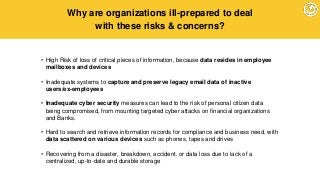 • High Risk of loss of critical pieces of information, because data resides in employee
mailboxes and devices
• Inadequate systems to capture and preserve legacy email data of inactive
users/ex-employees
• Inadequate cyber security measures can lead to the risk of personal citizen data
being compromised, from mounting targeted cyber attacks on financial organizations
and Banks.
• Hard to search and retrieve information records for compliance and business need, with
data scattered on various devices such as phones, tapes and drives
• Recovering from a disaster, breakdown, accident. or data loss due to lack of a
centralized, up-to-date and durable storage
Why are organizations ill-prepared to deal
with these risks & concerns?
 