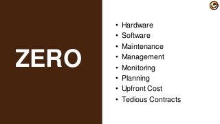 • Hardware
• Software
• Maintenance
• Management
• Monitoring
• Planning
• Upfront Cost
• Tedious Contracts
ZERO
 