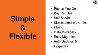 • Pay as You Go
• Pay Per Use
• Self Service
• SLA backed warranties
• Elastic
• Data Portability
• Easy Migration
• Auto Updates &
Upgrades
Simple
&
Flexible
 