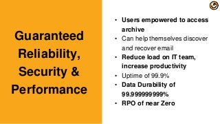 • Users empowered to access
archive
• Can help themselves discover
and recover email
• Reduce load on IT team,
increase productivity
• Uptime of 99.9%
• Data Durability of
99.999999999%
• RPO of near Zero
Guaranteed
Reliability,
Security &
Performance
 