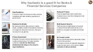 Why Vaultastic is a good fit for Banks &
Financial Services Companies
Data Residency
A choice of region for storing your data, ensuring
compliance with data residency regulations of
governments.
Business Continuity
By having all email & data stored on a highly
elastic, available, durable cloud platform instances
of outages are reduced to near zero. And quick
recovery from any glitches.
Privacy Guaranteed
Designed to ensure customer data privacy in the
multitenant SaaS setup. For highly sensitive
customers. Can also be offered as a
dedicated private setup on the cloud for
large installations.
Reduced IT Costs
Fully managed SaaS, which implies Zero
hardware at your end, Zero management and
Zero maintenance.
Multi-layered Security
Tight security at multiple layers of the stack
to ensure that sensitive data stored on our
platform is encrypted, immutable and tamper
proof.
No Vendor Lockin
Built on the premise that the ownership of data
is that of the customer.
Processes and tools are specially designed to
prevent vendor lock in, are in place to allow
extraction of data on demand.
 
