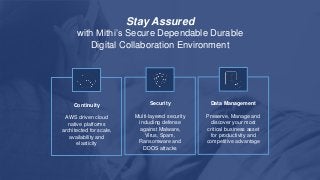 Stay Assured
with Mithi’s Secure Dependable Durable
Digital Collaboration Environment
Continuity
AWS driven cloud
native platforms
architected for scale,
availability and
elasticity
Security
Multi-layered security
including defense
against Malware,
Virus, Spam,
Ransomware and
DDOS attacks
Data Management
Preserve, Manage and
discover your most
critical business asset
for productivity and
competitive advantage
 