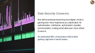 Data Security Concerns
And with businesses becoming more digital, email is
gaining even more importance as a destination for
authentication, notification, authorization, besides
communication, making email data even more critical
to secure.
An estimated 60% of business-critical data
getting captured in email boxes.
 